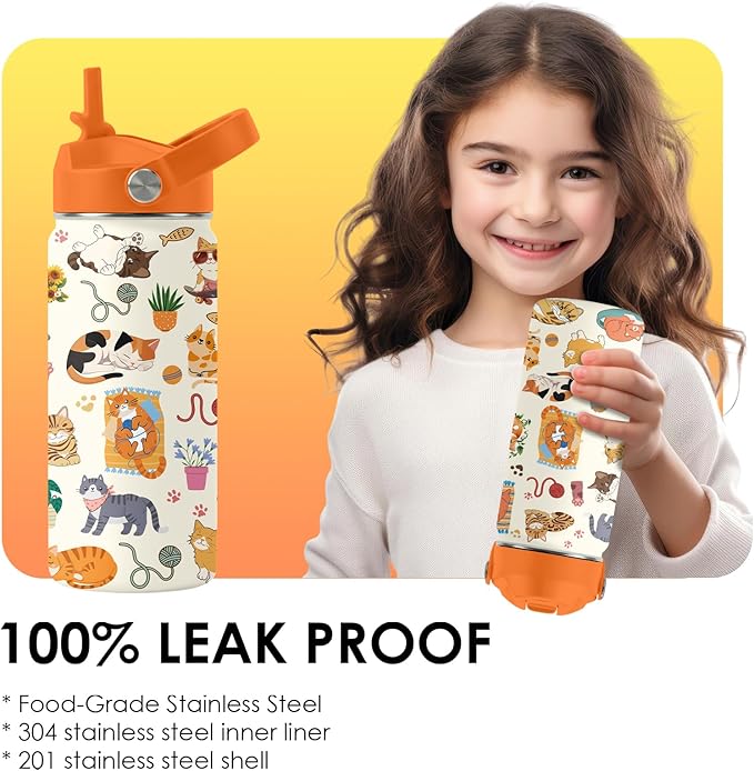 Cat Gifts for Kids - 16 Oz Orange Cat Water Bottle with Straw Lid, Stainless Steel Insulated Tumbler, Leak Proof, for Boys & Girls, School, Travel - Funny Cats Lovers Children Birthday Gifts Cups(1pc)