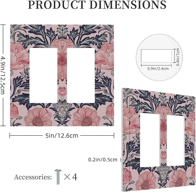 Pink Floral Vintage Botanical Boho Flower Decorative Outlet Covers 2 Gang Double GFCI Rocker Electrical Wall Panels Light Switch Cover Plate for Farmhouse Home Decor