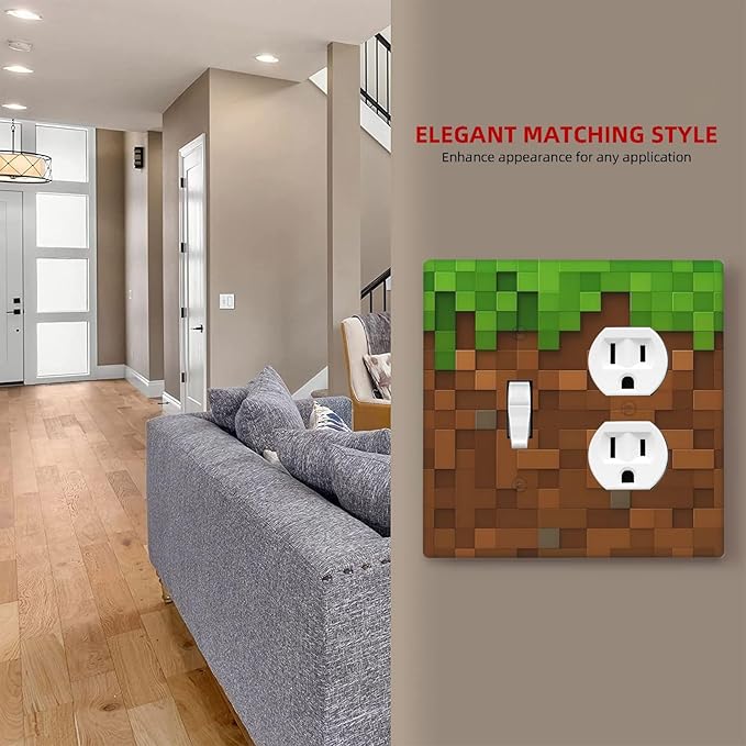 Pixel Style Gamer Themed Grass Block Wallplates 1 Toggle 1 Duplex Switch Plate Electrical GFCI Faceplate Decorative Light Switch Covers for Kids Room Office Home Decor