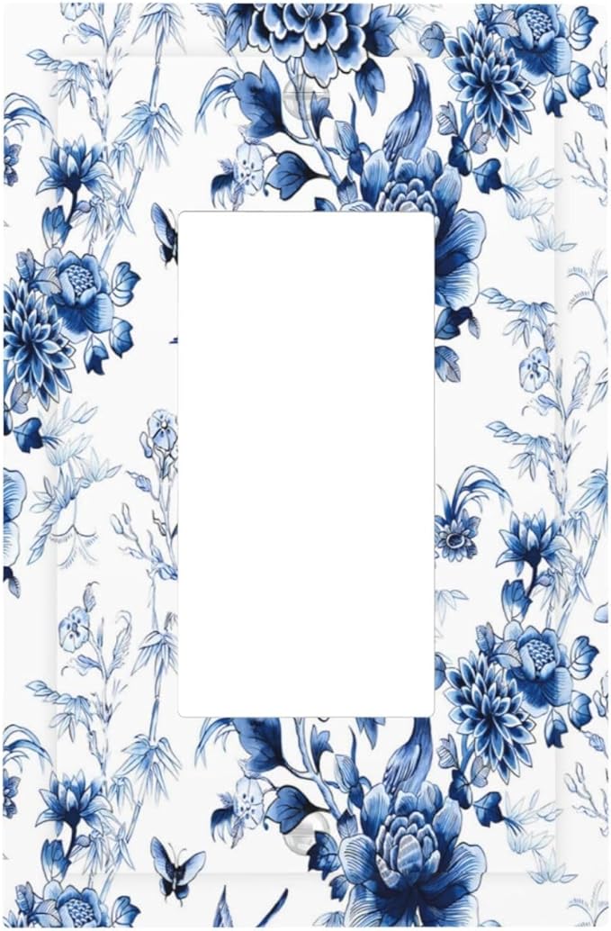 Blue Flower White Floral Plant Bird Butterfly Decorative Outlet Covers 1 Gang Single Rocker Light Switch Cover Plate Wall Plates GFCI Faceplate for Bedroom Living Room Decor