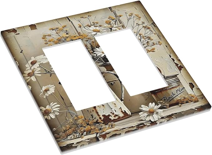Rustic Flowers Daisy Floral White Wooden Planks Decorative Outlet Covers 2 Gang Double GFCI Rocker Electrical Wall Panels Light Switch Cover Plate for Farmhouse Home Decor