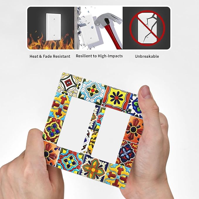 Boho Mexican Moroccan Tile 2 Gang Double GFCI Rocker Rocker/Decorator Light Switch Cover Decorative Outlet Wall Plate Electrical Faceplate Screwless