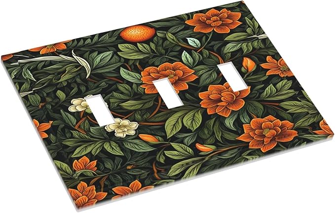 Light Switch Cover Plate William Morris Orange Flowers Rustic Leaves Floral 3 Gang Triple Toggle Decorative Switch Plates Wall Plates Electrical Switchplate Faceplate for Bathroom Bedroom