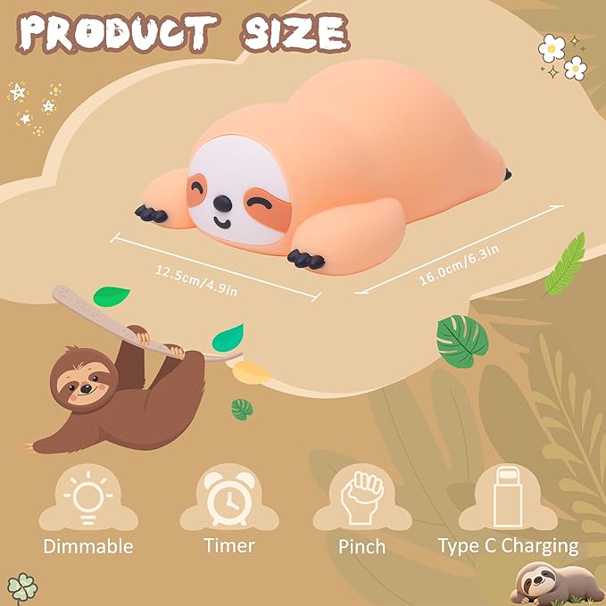 CoolGift Mart Sloth Gifts, Cute Animal Silicone Night Light with USB Rechargeable, Touch Control & Timer, Suitable for Breastfeeding Reading Working Sleep for Baby Kids Teens Adults