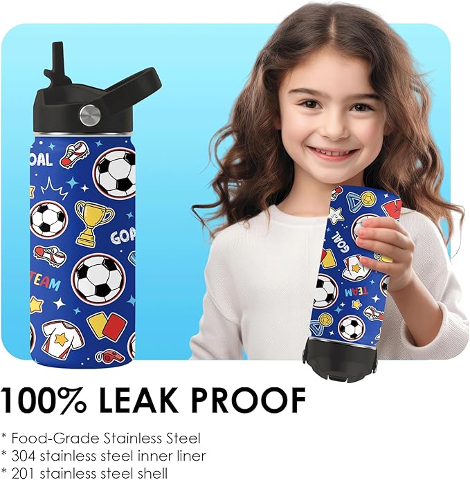 Soccer Gifts for Kids - 16 Oz Kids Water Bottle with Straw Lid, Stainless Steel Insulated Tumbler, Leak Proof, BPA-Free, for Girls, School, Travel - Soccer Lovers Children Birthday Gifts Cups(1pc)