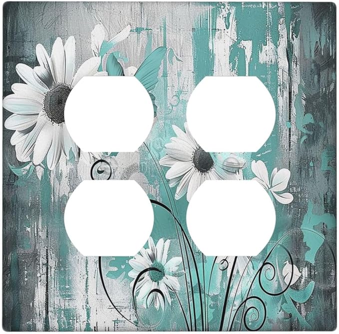 Outlet Covers Teal Daisy Floral Vintage Wood Plank 2 Gang Double Duplex Decorative Light Switch Covers Electrical Wallplates Socket Faceplate For Farmhouse Cabin Decor
