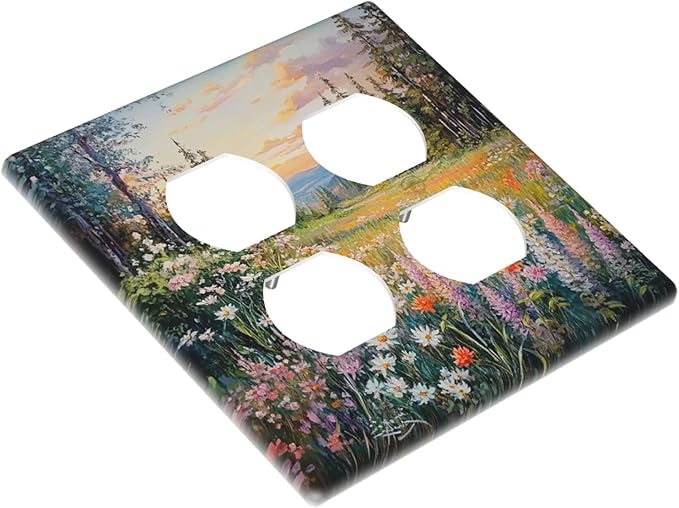 Outlet Covers Floral Landscape Rustic Nature Wildflower 2 Gang Double Duplex Decorative Light Switch Covers Electrical Wallplates Socket Faceplate For Bed Room Living Room Decor