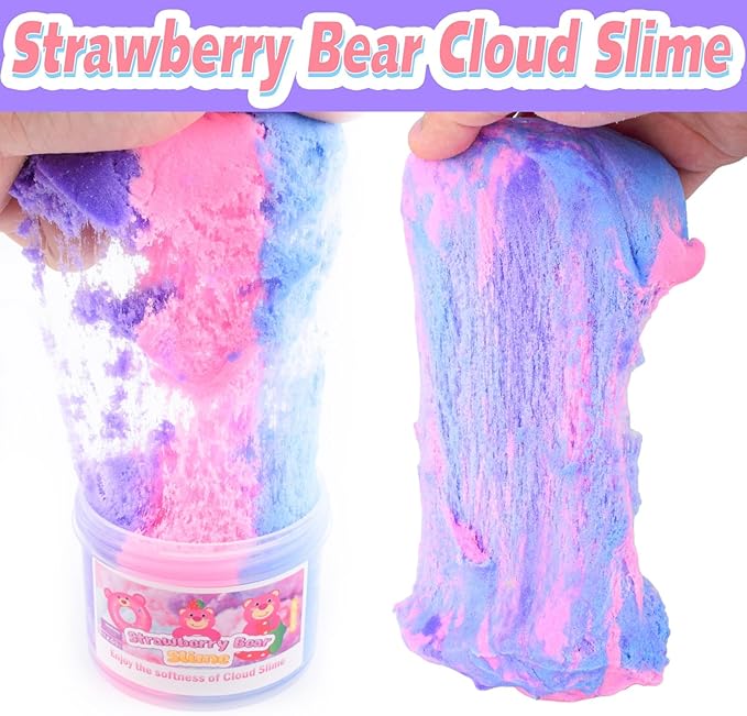 Pink Strawberry Bear Cloud Slime Kit – Ultra Soft Fluffy Texture, Sweet Scented Slime for Kids, Birthday Party Favors & Goodie Bag Stuffers for Boys & Girls Ages 6-12