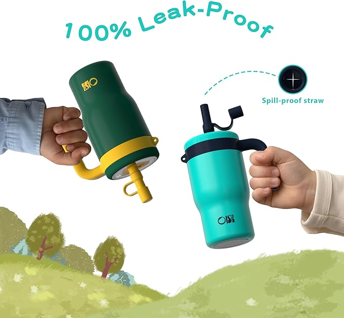 OISIZ 14oz Kids Tumbler with Straw Lid & Handle,Kids Cup with Animal Accessory for School,Kids Water Bottles with Dust-proof Cover,Leakproof Bottles,316 Stainless Steel,Keep Cold 24 Hours-dark green