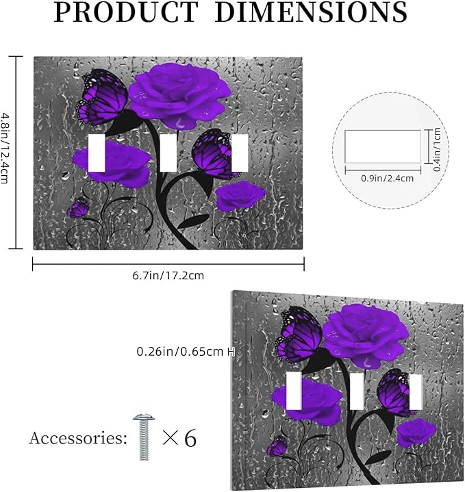 Rose Butterfly Purple Flower 3 Gang Triple Toggle Light Switch Wall Plate Cover Decorative Electrical Faceplate For Girls Grey Floral Room Bedroom Bathroom Decorate 6.7" x 4.8 Large Size