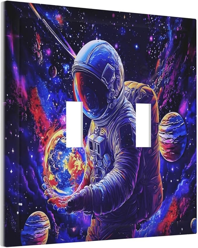 Astronaut Space Cool Galaxy Planet Decorative Switch Plates 2 Gang Double Toggle Outlet Light Switch Cover Wall Plate Electrical Faceplate for Kids Room Nursery Decor