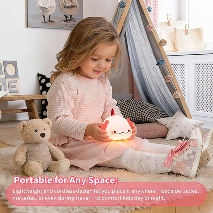 Axolotl Night Light for Kids, Squishy Silicone 3-Level Dimmable Touch Control Cute Nightlight with Timer, Portable USB Rechargeable Nursery Pink Night Lamp Gifts for Baby, Toddler Room Decor