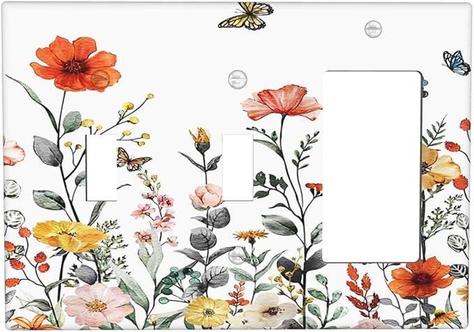 Colorful Butterfly Blossom Flower Floral 3-Gang 2-Toggle 1-GFCI/Decorator Combination Light Switch Decorative Triple Combo Device Switches/Rocker Outlet Covers and Wall Plate