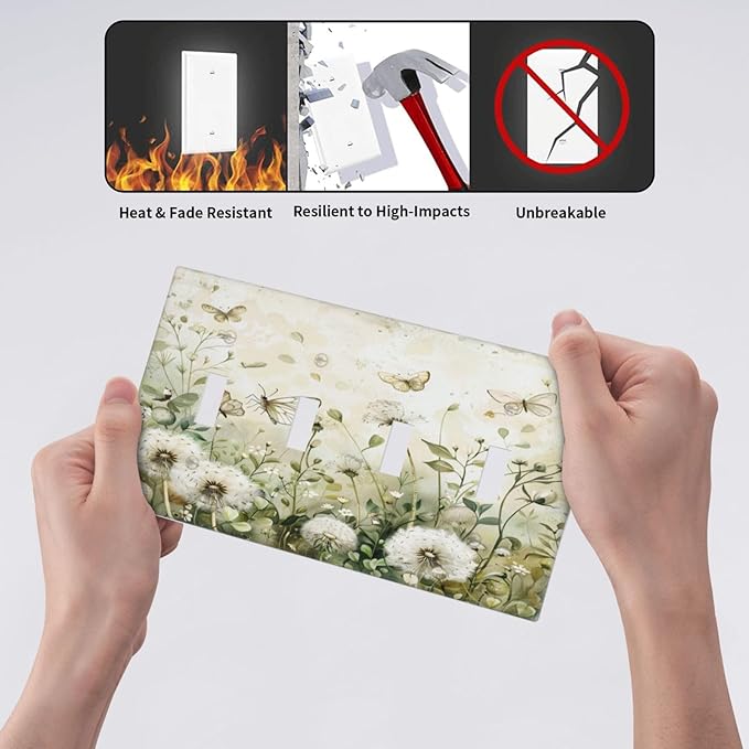 Light Switch Cover Plate Watercolor Butterflies Dandelions Wildflowers 4 Gang Quad Toggle Decorative Switch Plates Electrical Wall Plates Faceplate for Bathroom Bedroom Decor