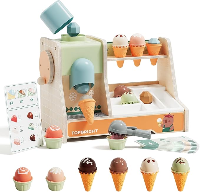 TOP BRIGHT Wooden Ice Cream Pretend Play Toys, Play Kitchen Set for Kids with Ice Cream Counter & Scoop & Menu, Montessori Toys for Boys Girls Capybara Gift Age 3+