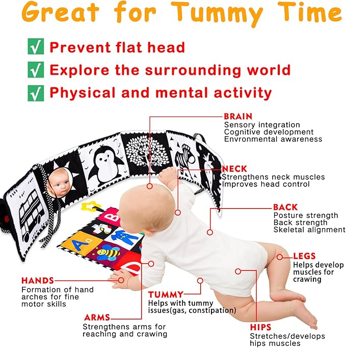 4 PCS Black and White High Contrast Baby Toys 0-3-6 Months Newborn Essential Toy for Babies Crinkle Sensory Book Brain Development Tummy Time Mirror Infant Carseat Rattle Shower Easter Gifts Boy Girl