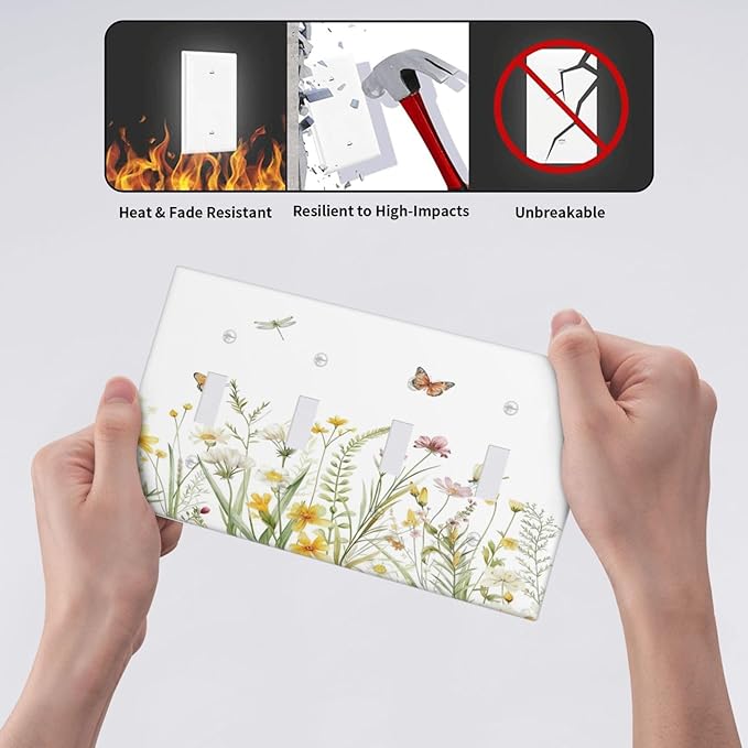 Colorful Wildflowers Dragonfly Butterfly Floral Light Switch Covers Quad Toggle Electrical Faceplate 4 Gang Wall Plate Decorative Switch Plates Cover for Bedroom Living Room Decor