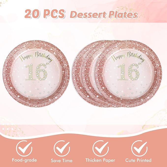 16th Birthday Party Decorations for Girls, Rose Gold Birthday Supplies Include 20Pcs Dinner Plates, 20Pcs Dessert Plates, 20Pieces Napkins and 2 Tablecloth, Sweet Sixteen Birthday Party Tableware