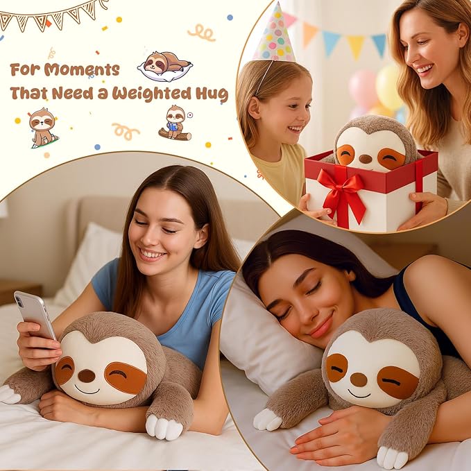 SQEQE Weighted Stuffed Animals Sloth Plush, Weighted Sloth Stuffed Animals Plushies, Soft Pillow Toy for Kids Adults, Valentines & Birthday Gifts 9.8 Inch, 0.8 Lb