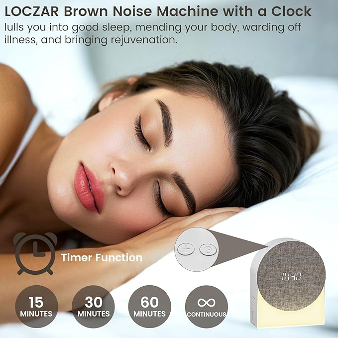 White Noise Sound Machine Alarm Clock with Night Lights, Bluethooth Speaker 4in1 Natural Portable Brown Noise Sounds Machines Timer Ocean Rain Pink Music for Sleep Bedroom Adults Kids Travel