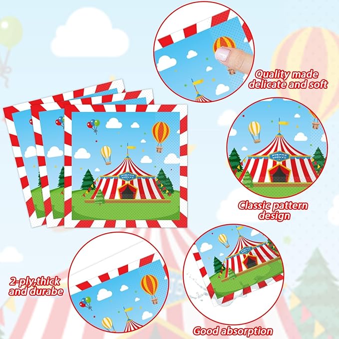 200pcs Circus Party Plates Napkins Forks Carnival Themed Party Tableware Set Red White Party Disposable Paper Dessert Cake Dinnerware Boy Girl Happy Birthday Party Baby Shower Decor Supplies Serves 50