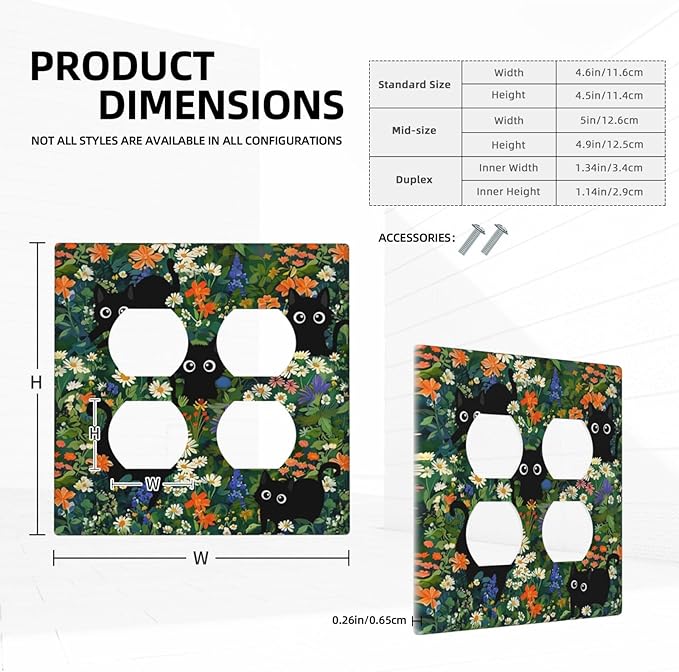 Funny Cute Animal Black Pet Cat Paw 2-Gang Device Duplex Wall Plate, Kid Boy Kitten Green Floral Daisy Flower Decorative Two Gang Double Duplex Receptacle Socket Outlet and Light Switch Cover Plate