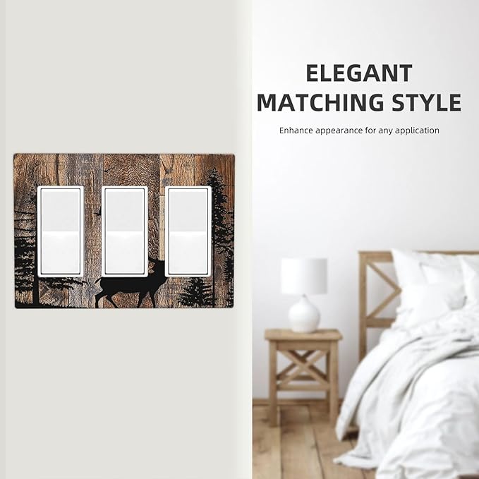 Light Switch Covers Rustic Forest Antler Elk Deer Silhouettes Animals Wood Grain 3 Gang Rocker Electrical GFCI Decorative Triple Outlet Wall Plate Cover Switchplate for Farmhouse Home Decor