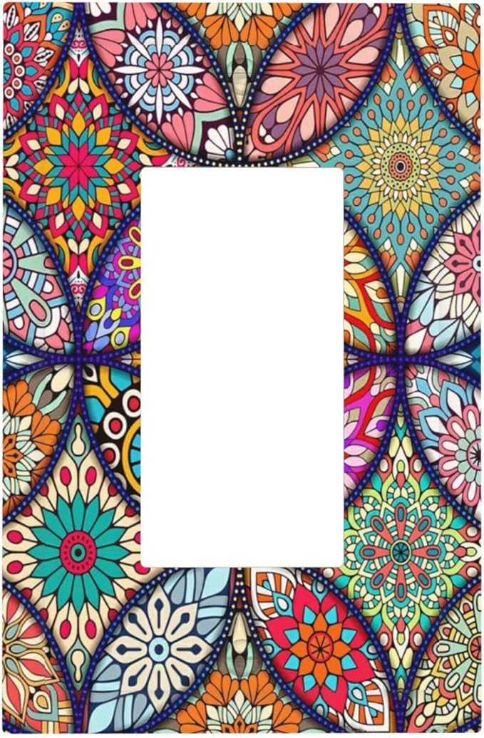 Bohemian Single Rocker Outlet Wall Plate Decorative 1 Gang Light Switch Cover colorful Vintage Floral Mandala Flower Decora Electrical Gfci Switchplate for Kitchen Bathroom Home Decor