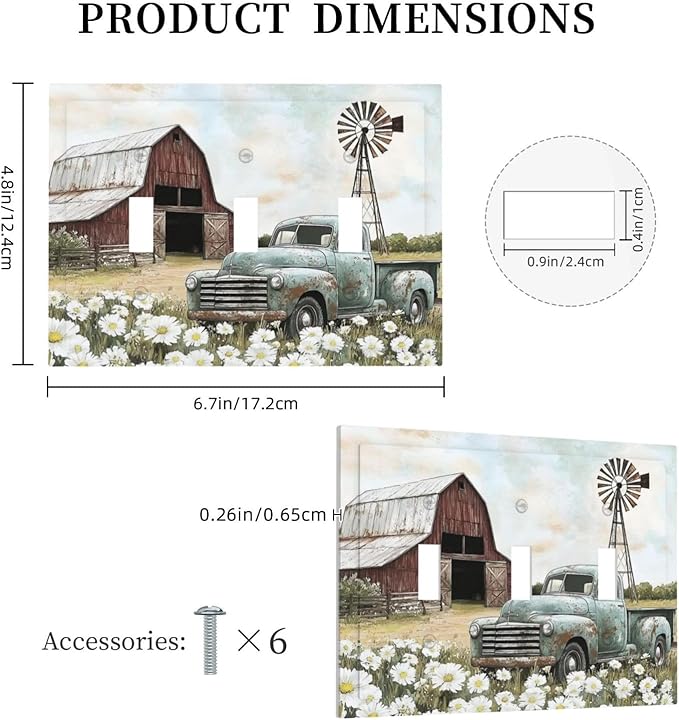 Retro Trucks Old Barn Windmill Teal Car Rustic Decorative Switch Plates 3 Gang Wall Plate Triple Toggle Light Switch Cover Faceplate Electrical Wall Panels for Farmhouse Home Decor