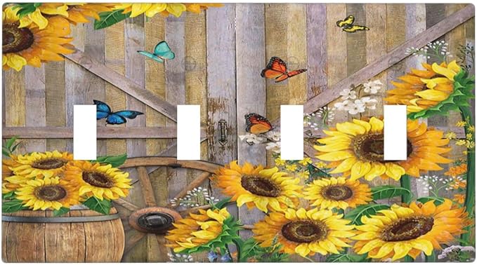 Rustic Sunflower Barn Door Country Wood Plank Butterfly Quad Toggle Light Switch Covers Decorative 4 Gang Wall Plate Electrical Faceplate Switchplate for Farmhouse Bathroom Bedroom Decor