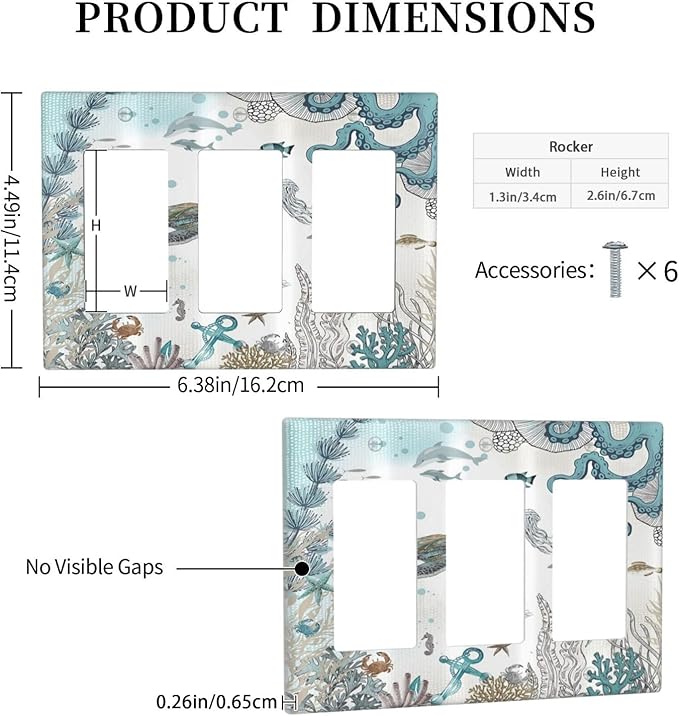 Sea Turtle Octopus Ocean Underwater Animal 3 Gang Rocker Light Switch Covers Decorative Unique Triple Outlet Wall Plate Cover Faceplate Decorative Switchplate GFCI for Bedroom Bathroom Decor