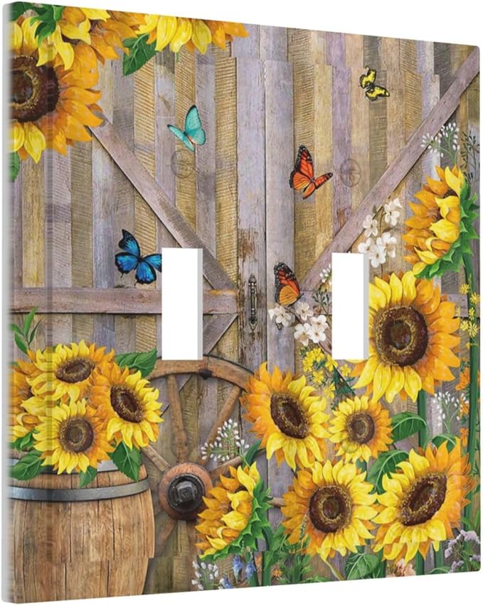 Rustic Sunflower Barn Door Wood Plank Double Toggle Light Switch Covers Decorative 2 Gang Wall Plate Electrical Faceplate Switchplate for Farmhouse Bathroom Bedroom Living Room Decor