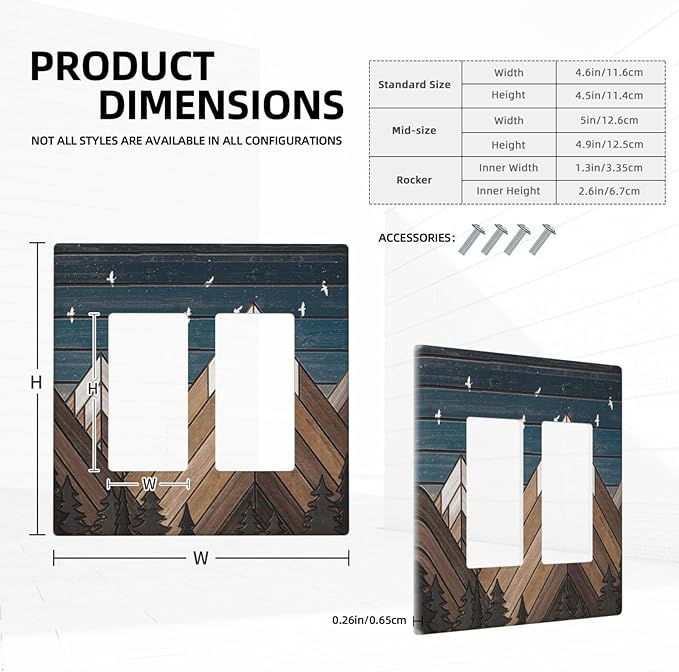 Rustic Geometric Mountain Wilderness Wood Light Switch Plate Cover 2 Gang Double Rocker Wall Plates Electrical Faceplates Decorative GFCI Outlet Covers for Bedroom Bathroom Kitchen Art Decor