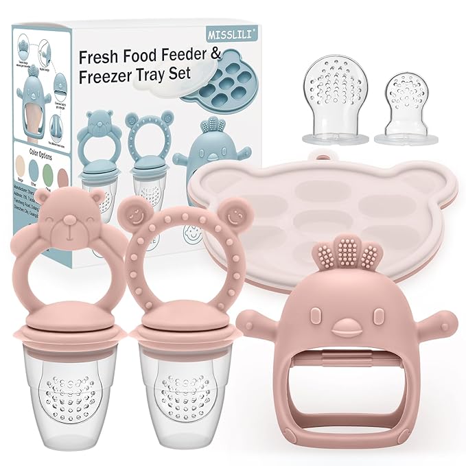 MISSLILI Baby Silicone Fruit Food Feeder Pacifier & Breastmilk Popsicle Freezer Molds,BPA Free Baby Food Storage Containers Frozen Ice Tray for Baby Feeding Safely, Infant Fruit Teething Toy (Pink)