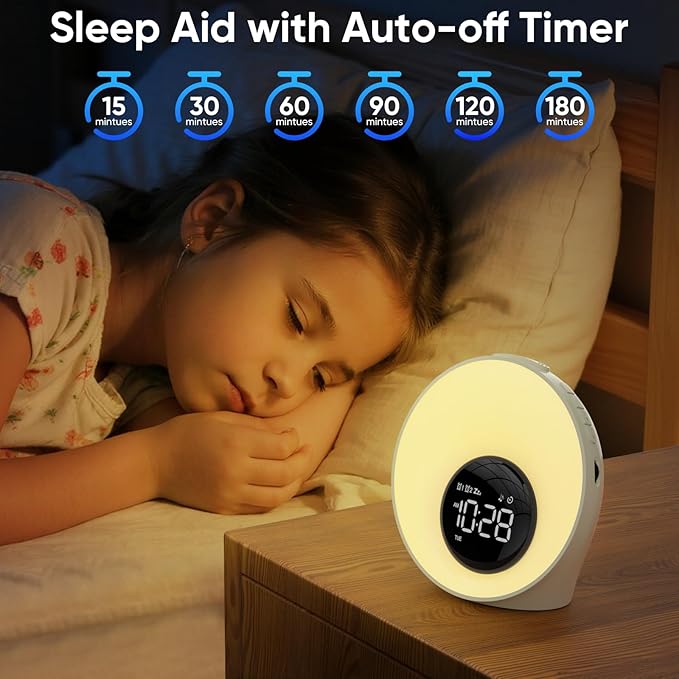 AFEXOA Wake Up Light Sunrise Alarm Clock - Sunrise Simulation & White Noise Machine with 30 Soothing Sounds, 14 Color Dimmable Night Light, Digital Dual Alarms for Heavy Sleepers/Adults/Kids(White)