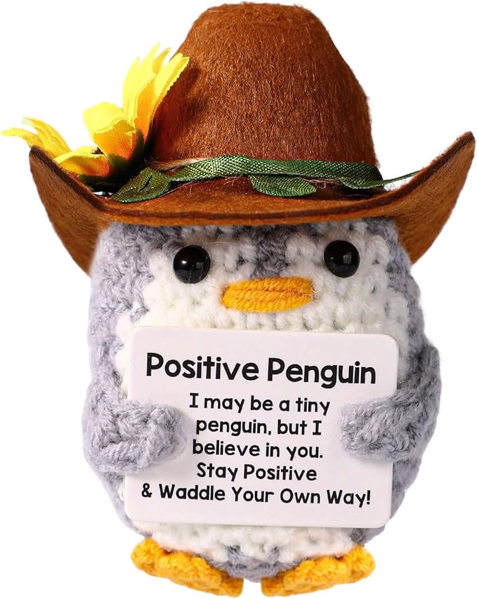 TOYMIS Sunflower Crochet with Cowboy Hat Emotional Doll Support Crocheted Knitted Animal for Inspirational Motivational Gift Home Office Decor White Elephant Exchange