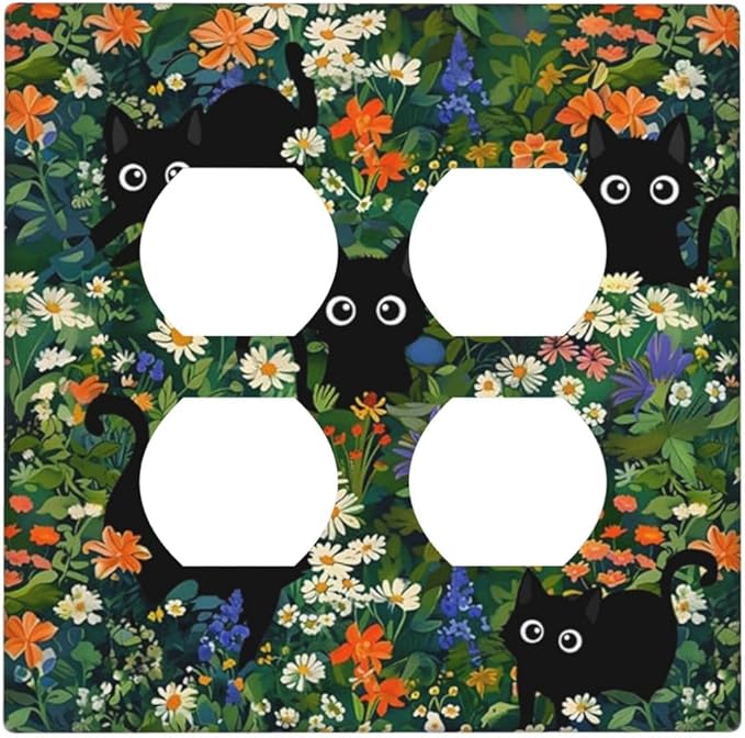 Funny Cute Animal Black Pet Cat Paw 2-Gang Device Duplex Wall Plate, Kid Boy Kitten Green Floral Daisy Flower Decorative Two Gang Double Duplex Receptacle Socket Outlet and Light Switch Cover Plate