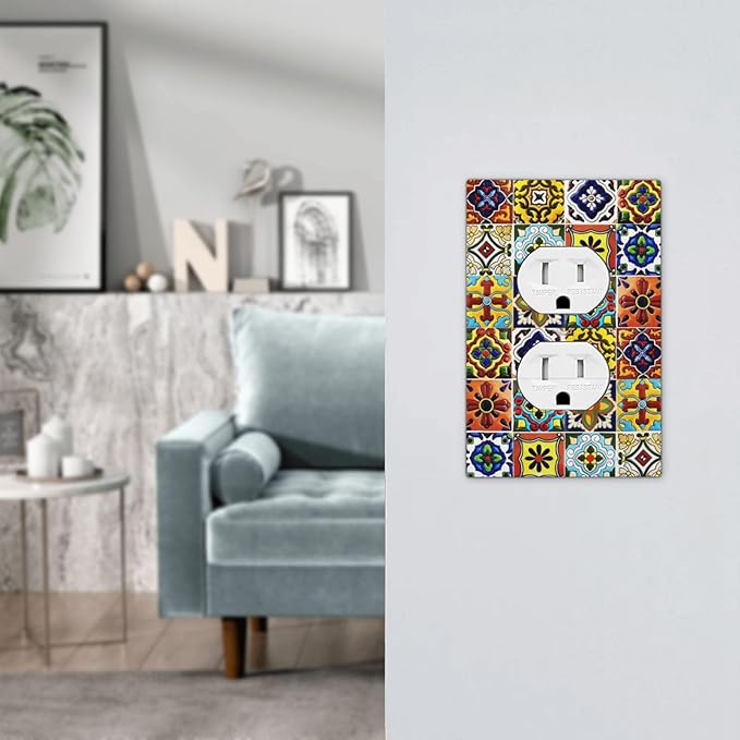 Colorful Mosaic Moroccan Mexican Bohemian Boho Talavera Style Ceramic Tile 1 Gang Duplex Wall Plate Electrical Receptacle Outlet Cover Decorative Dual Device Mid Size Light Switch Plug Face Plate