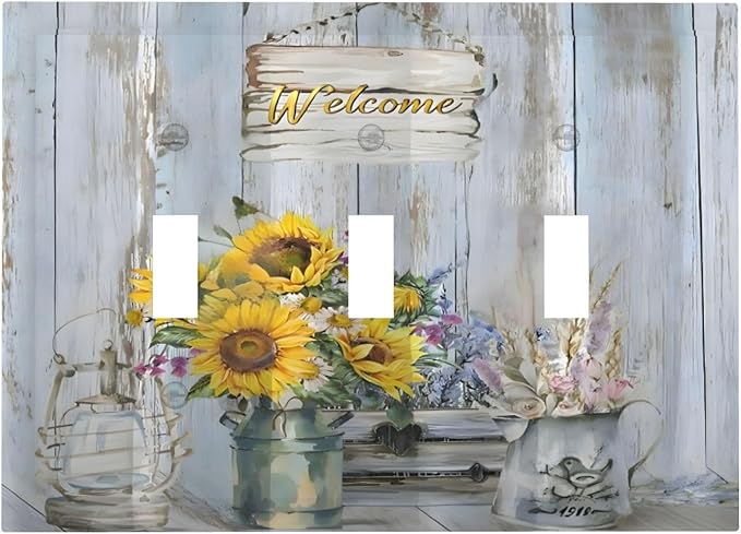 Rustic Sunflower Floral Vintage Wood Board Decorative Switch Plates 3 Gang Wall Plate Triple Toggle Light Switch Cover Faceplate Electrical Wall Panels for Farmhouse Home Decor
