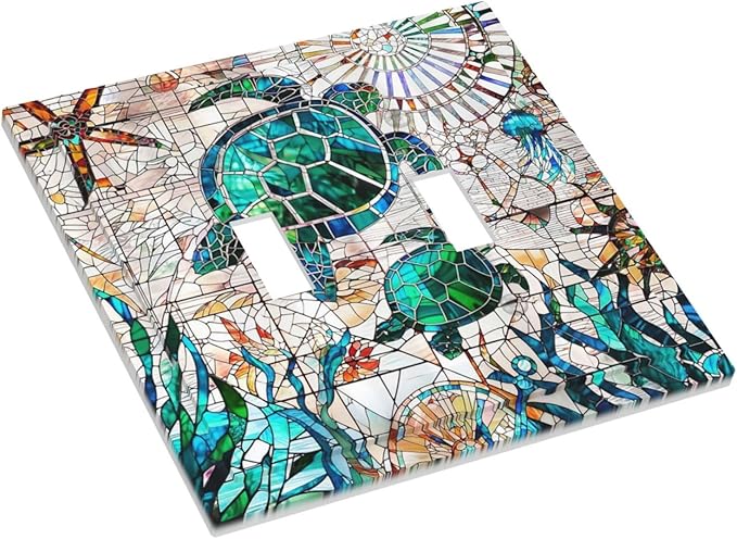 Nautical Teal Green/Blue Sea Turtles Beach Double Toggle Wall Plate Tropical Summer Hawaiian Ocean Marine Starfish Decorative 2-Gang Light Switch Cover Electrical Receptacle Outlet Face Plate Cover