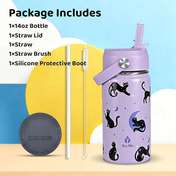 14oz Cat Kids Water Bottle With Straw Lid,Stainless Steel Travel Bottle,Double Wall Leak Proof & BPA-FreeKids Cup,Insulated Tumbler for Toddlers,Metal Bottle for School Boys Girls