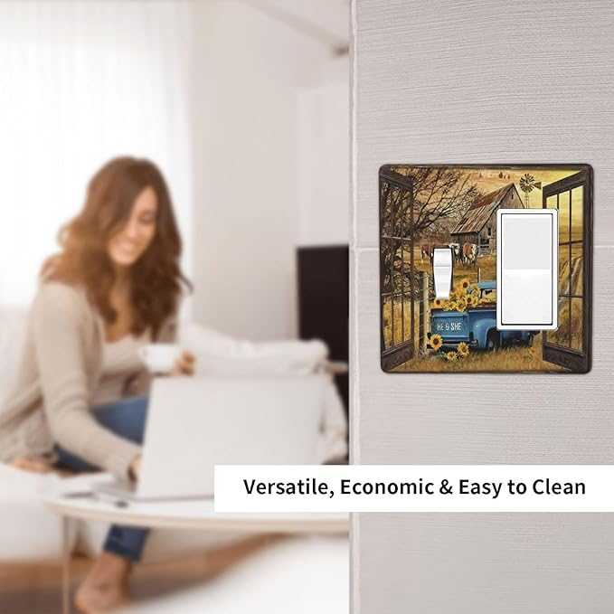 Fall Western Farmhouse Cow 2 Gang Single Toggle Rocker Combination Light Switch Cover Barn door Blue Truck Decorative Wall Plate Cover Electrical Faceplate for Bathroom Bedroom Home Kitchen Decorate