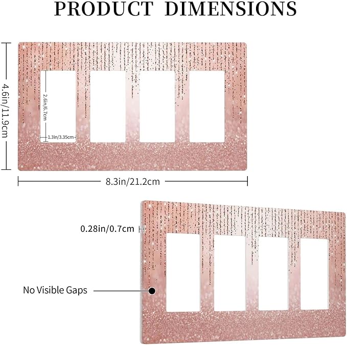 Pink Glittery Bling 4 Gang Quad Rocker/Decor Light Switch Cover Plate Decorative Electrical Faceplate for Bathroom Room Decorate Jumbo Size Screwless 8.3" x 4.6