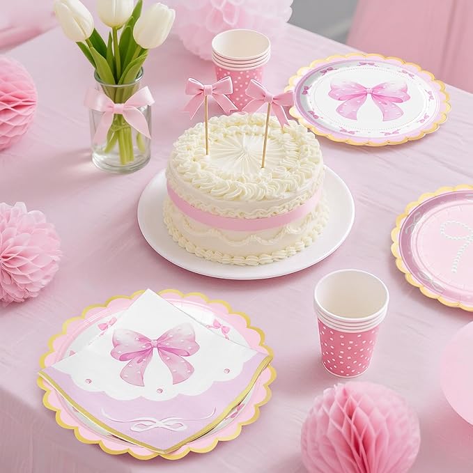 WERNNSAI Pink Bow Birthday Decorations - 48PCS Bow Plates and Napkins Coquette Birthday Decorations Pink Paper Plates and Napkins for Kids Girls Bachelorette Wedding Supplies Serves 16 Guests