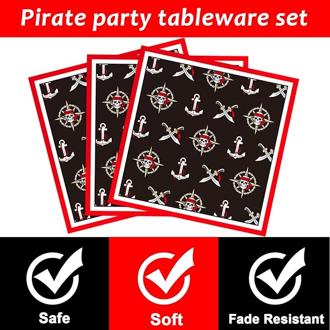 96pcs Pirate Birthday Tableware Set Pirates Party Paper Plates and Napkins Decorations Pirate ship Bone Disposable Dinnerware Supplies for Adult Teens Kids Birthday Party Favor, Severs 24