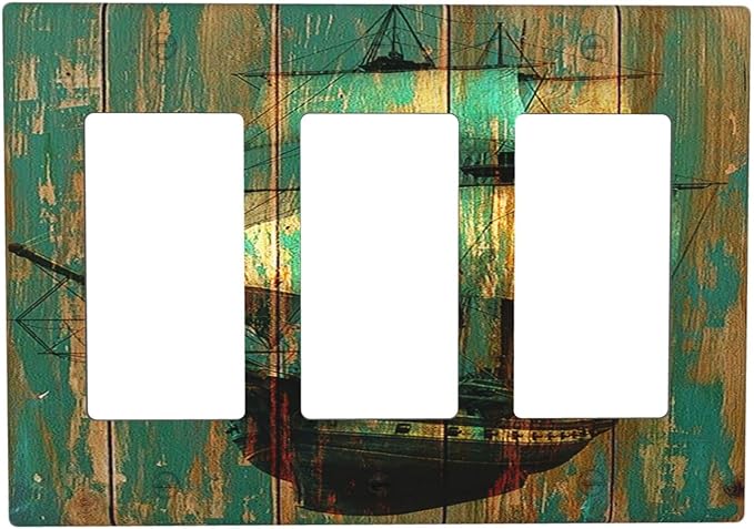 Light Switch Covers Rustic Green Wood Grain Sailboat 3 Gang Rocker Electrical GFCI Decorative Triple Outlet Wall Plate Cover Switchplate for Farmhouse Bedroom Decor