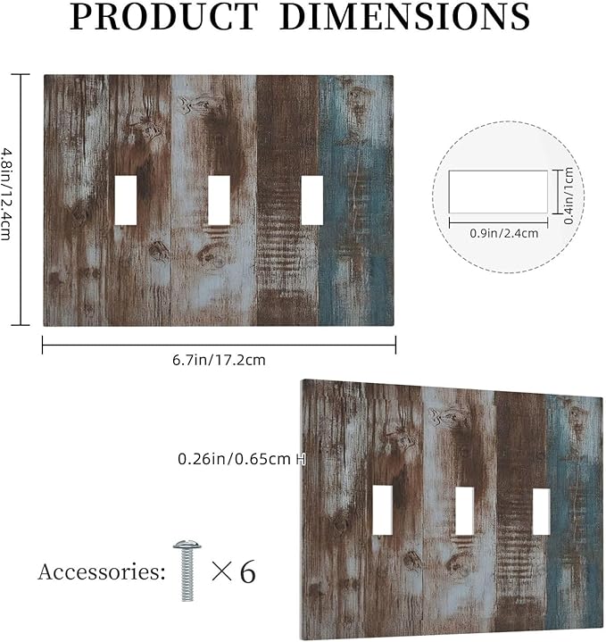 Vintage Blue Brown Wood Grain Decorative Switch Plates 3 Gang Wall Plate Faceplate Electrical Wall Panels Triple Toggle Light Switch Cover for Bedroom Farmhouse Decor