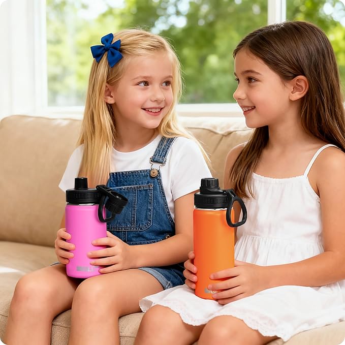Kids Insulated Water Bottle-12 oz Stainless Steel Vacuum Wide Mouth Sports Water Bottle for School-Small Metal Water Flask for Girls Boys, BPA-Free(Hot Pink)