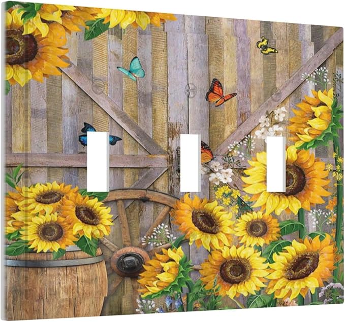 Rustic Sunflower Barn Door Country Wood Plank 3 Gang Light Switch Covers Decorative Triple Toggle Wall Plate Electrical Faceplate Switchplate for Farmhouse Bathroom Bedroom Home Decor