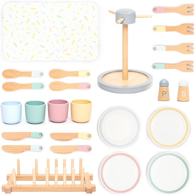 UMU® Large Wooden Dish Set – 28-Piece Tableware for Kids' Play Kitchen with Plates, Cups, Cutlery & Drying Rack – Pretend Play Kitchen Accessories for Children Ages 3 4 5 6